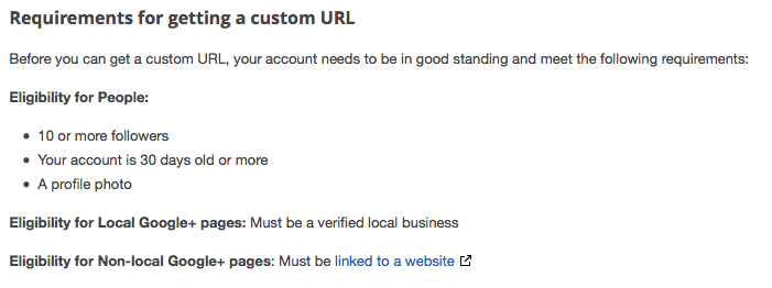 requirements G+ vanity URLs