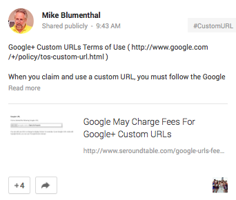 Mike Blumenthal G+ vanity URL post