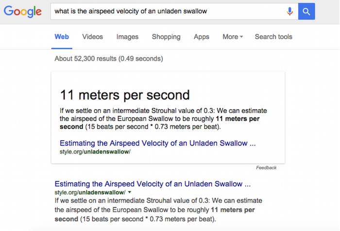 Image Of Google Rich Answer Displaying Air Velocity Of An Unladen Swallow