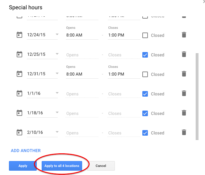 apply special hours office closed times to all locations