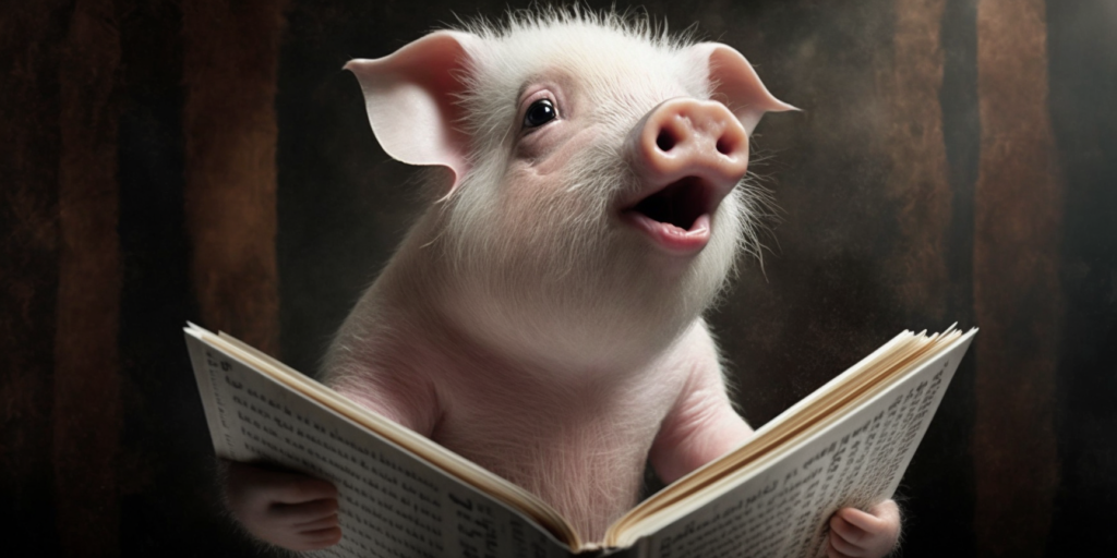 Midjourney image of "Never Try to Teach A Pig to Sing" - wide