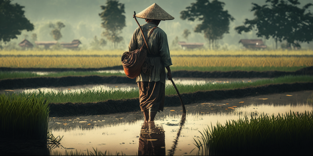 Image of Farmer in Rice Paddy rendered by Midjourney