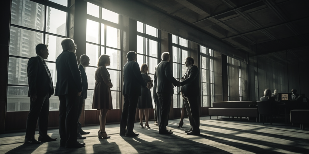 a group of business people standing around a conference room with a large window lighting them from behind, two of whom are in the foreground shaking hands