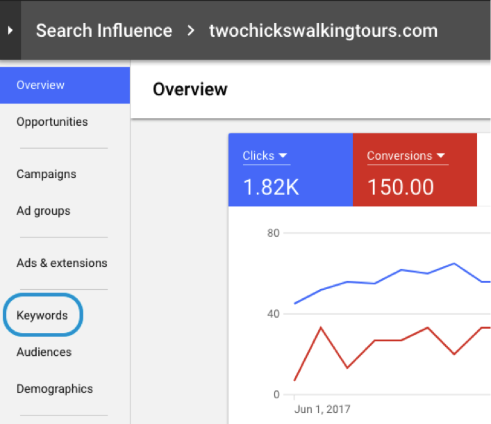 Screenshot of a keywords tab in Google AdWords - Search Influence 