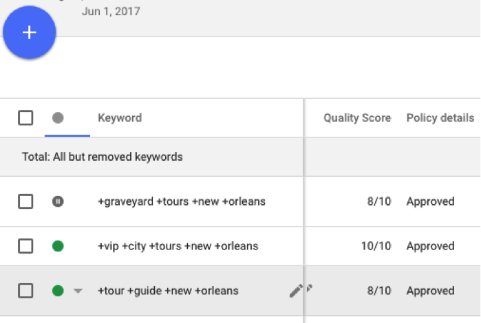 Screenshot of a Quality Score comparison in AdWords - Search Influence 