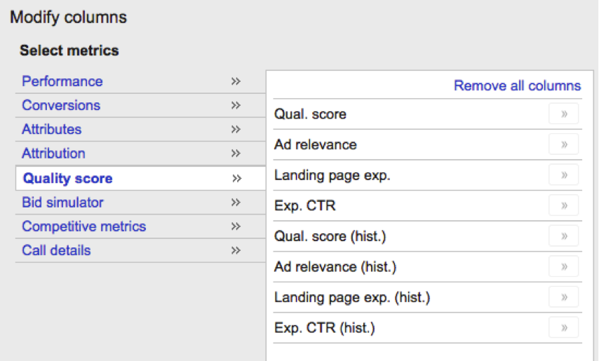 Screenshot of Quality Score columns - Search Influence