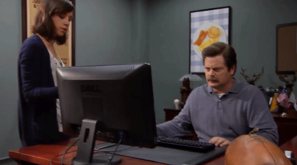 Ron Swanson from Parks and Recreation throwing a computer into a dumpster - Search Influence