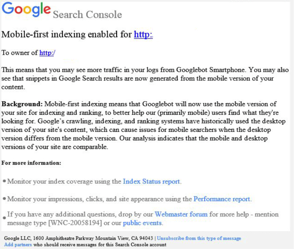 Screenshot of a mobile-first index notice from Google - Search Influence