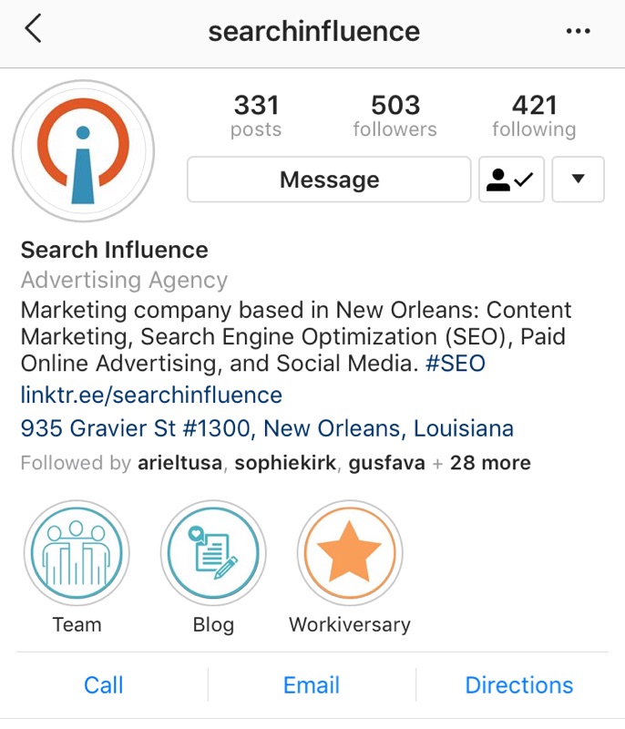 A screenshot of Instagram highlights for Search Influence