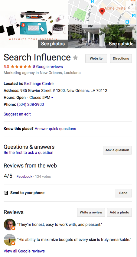 Example of Google My Business listing from Search Influence in New Orleans, LA