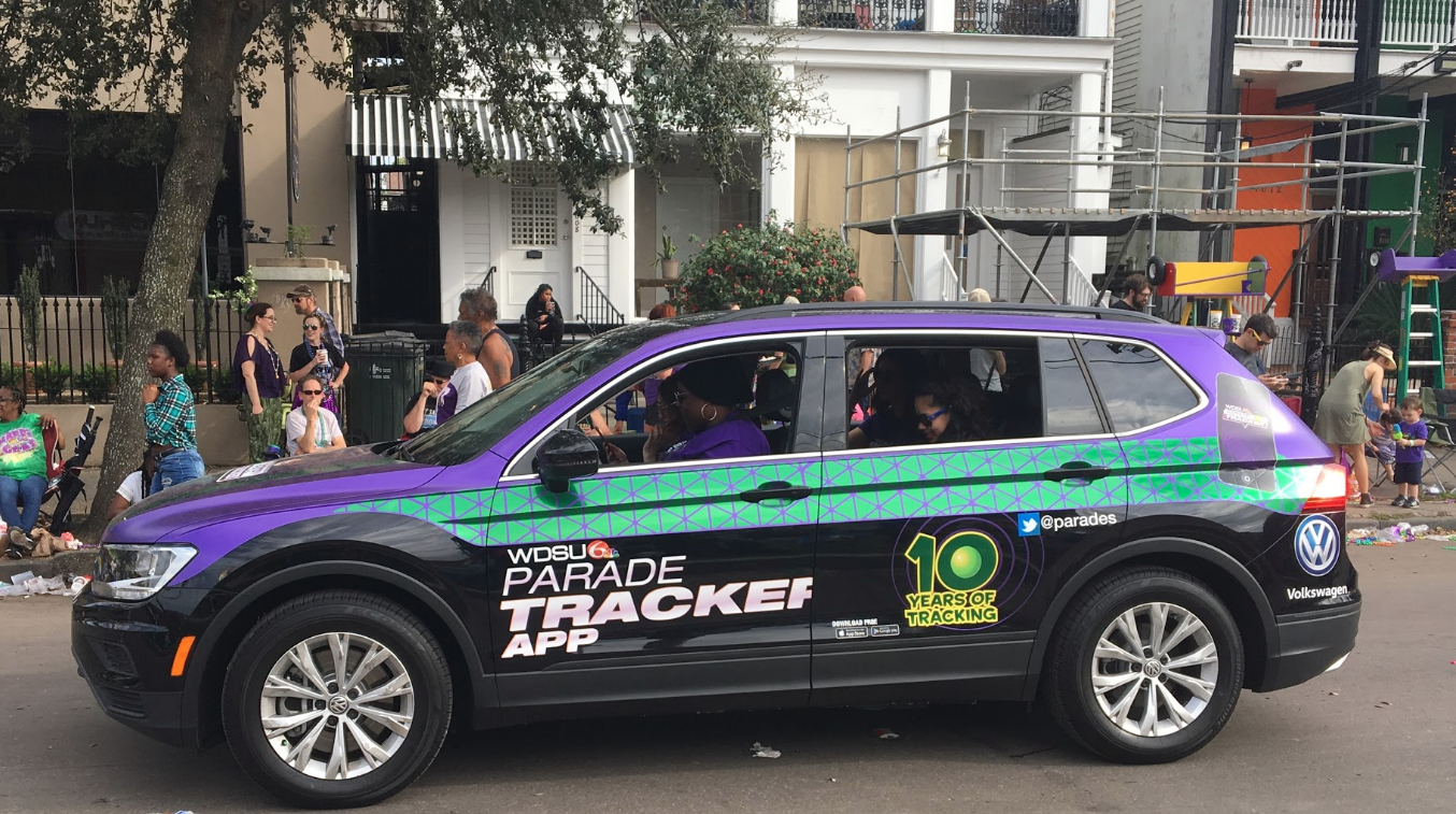 WDSU Parade Tracker car riding in Mardi Gras Parade in New Orleans, LA
