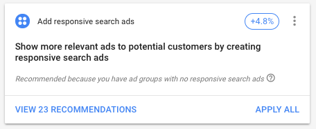 Recommendations provided by Google Ads prior to starting campaign