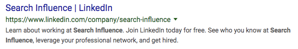 Rich snippet data on a SERP result for Search Influence's LinkedIn page