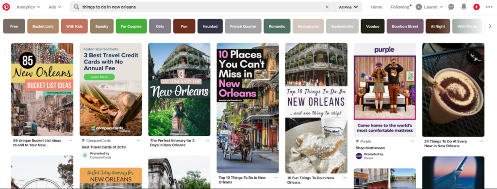 Screenshot of things to do in New Orleans search on Pinterest