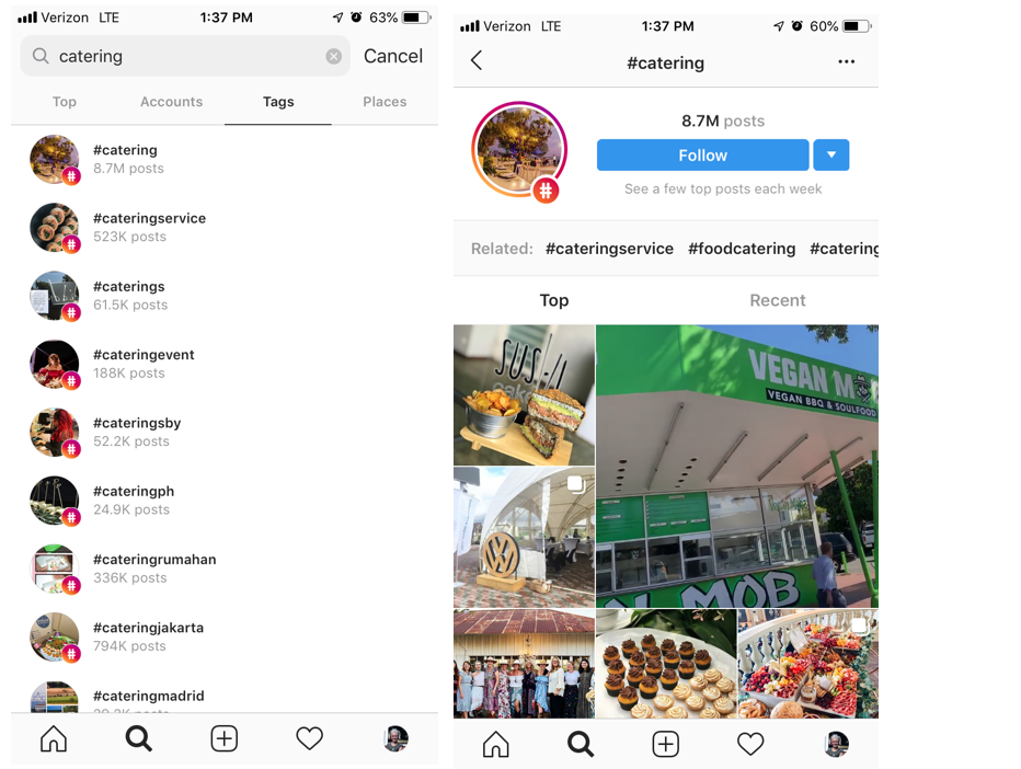 Example of Instagram tag search and landing page from tag search