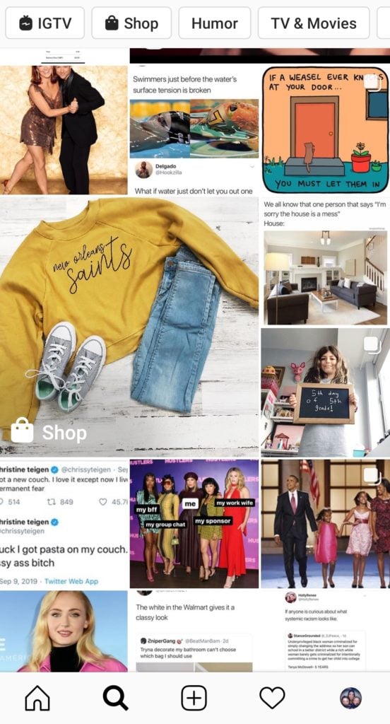 Example of the Instagram discovery feed for products