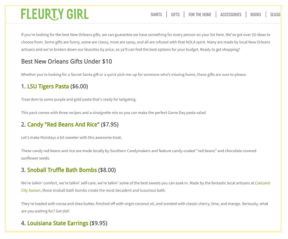 Screenshot of Fleurty Girl's website showing best New Orleans gifts under $10