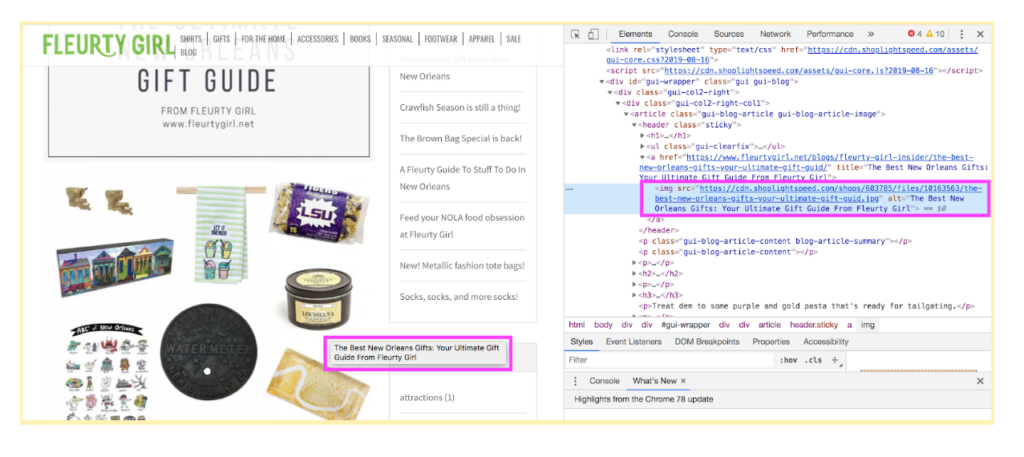 Screenshot of Fleurty Girl's online gift guide and the corresponding code