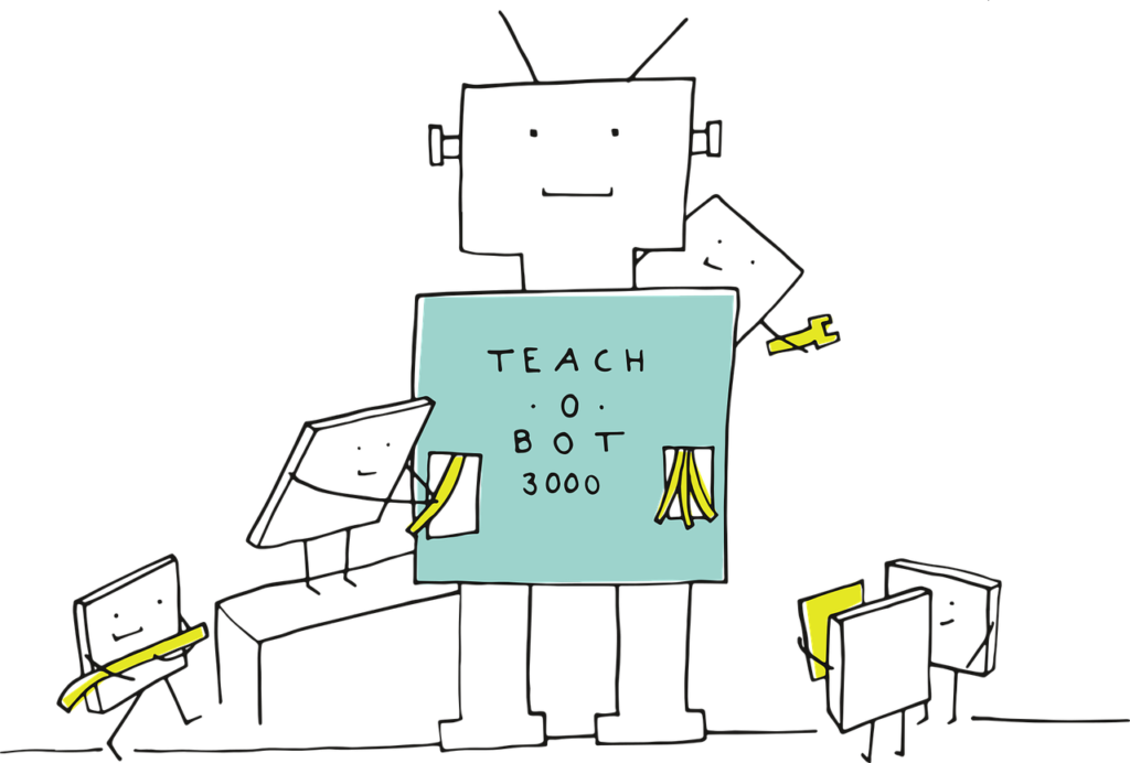 A robot teacher surrounded by robot students