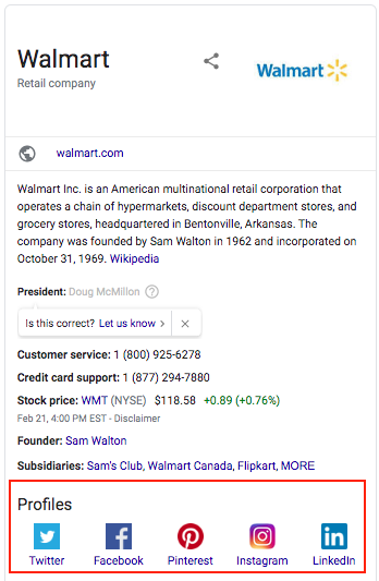 Screenshot of Wal-Mart's Google knowledge panel