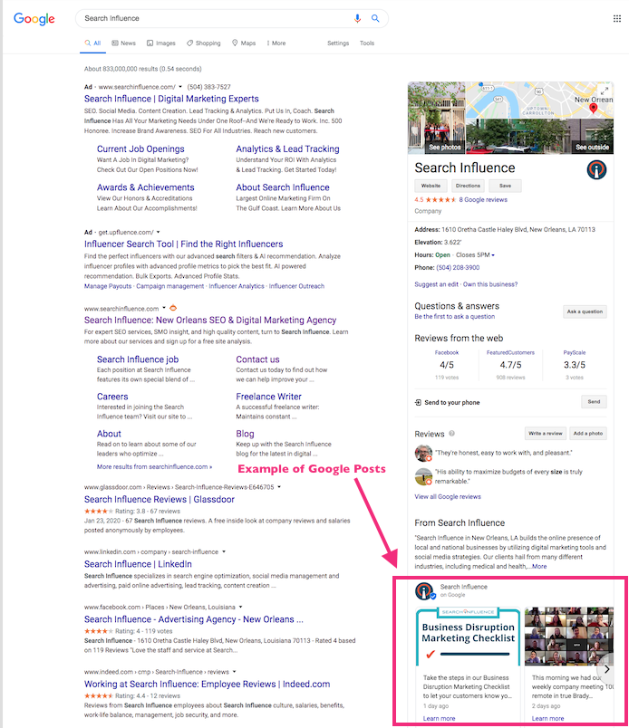 A screenshot of Search Influence's Google My Business Listing showing an example of Google Posts