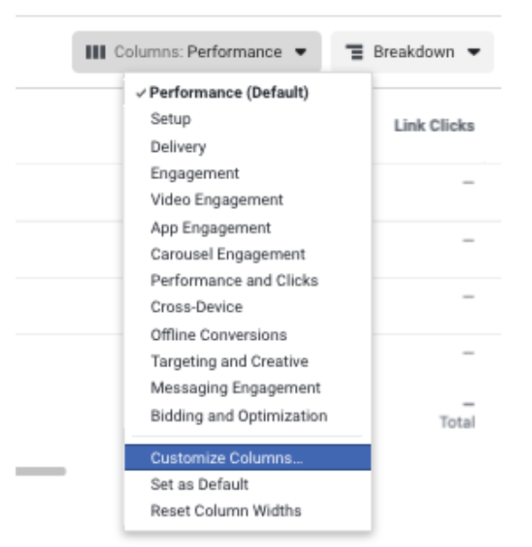 The columns dropdown menu of Facebook ads