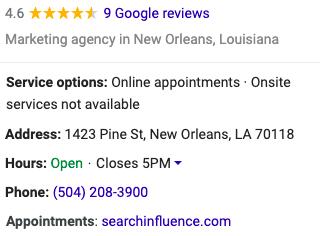 Screenshot of main business information on google my business listing