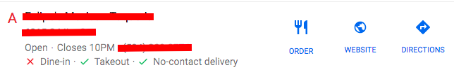 Screenshot of dine-in, takeout, no contact delivery attributes on Google My Business listing