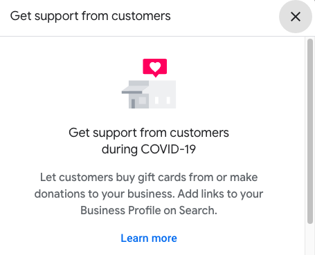 Screenshot of get support from customers option offered by Google My Business