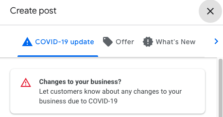 Screenshot of options related to COVID-19 in Google My Business Posts