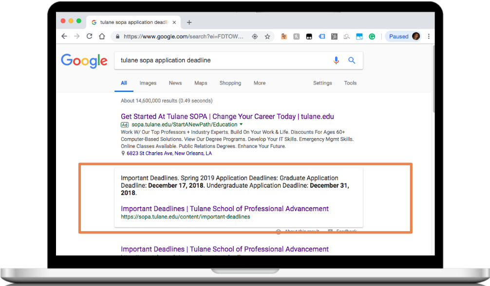 A laptop showing a google search for tulane's application deadline