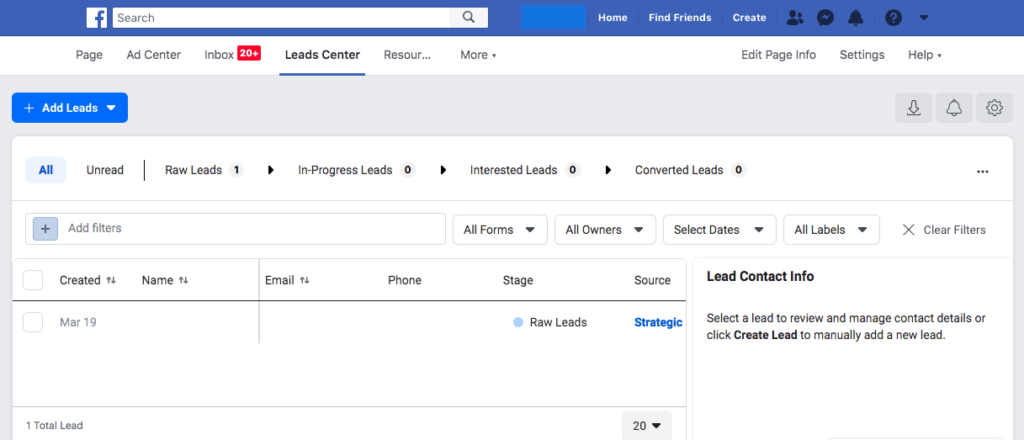 Backend screenshot of new Facebook Leads platform