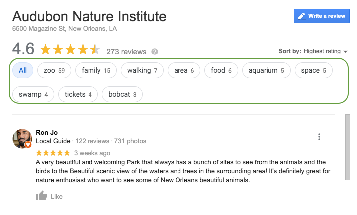 Screenshot of reviews from Google My Busiess for Audubon Nature Institute in New Orleans, LA