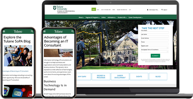 Examples of Search Influence webpages for Tulane School of Professional Advancement Success Story - Search Influence