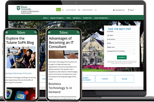 Examples of Search Influence webpages for Tulane School of Professional Advancement Success Story - Search Influence