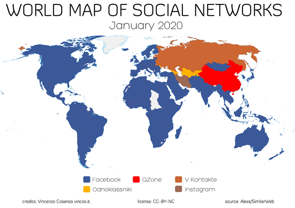Map of worldwide social media channel usage