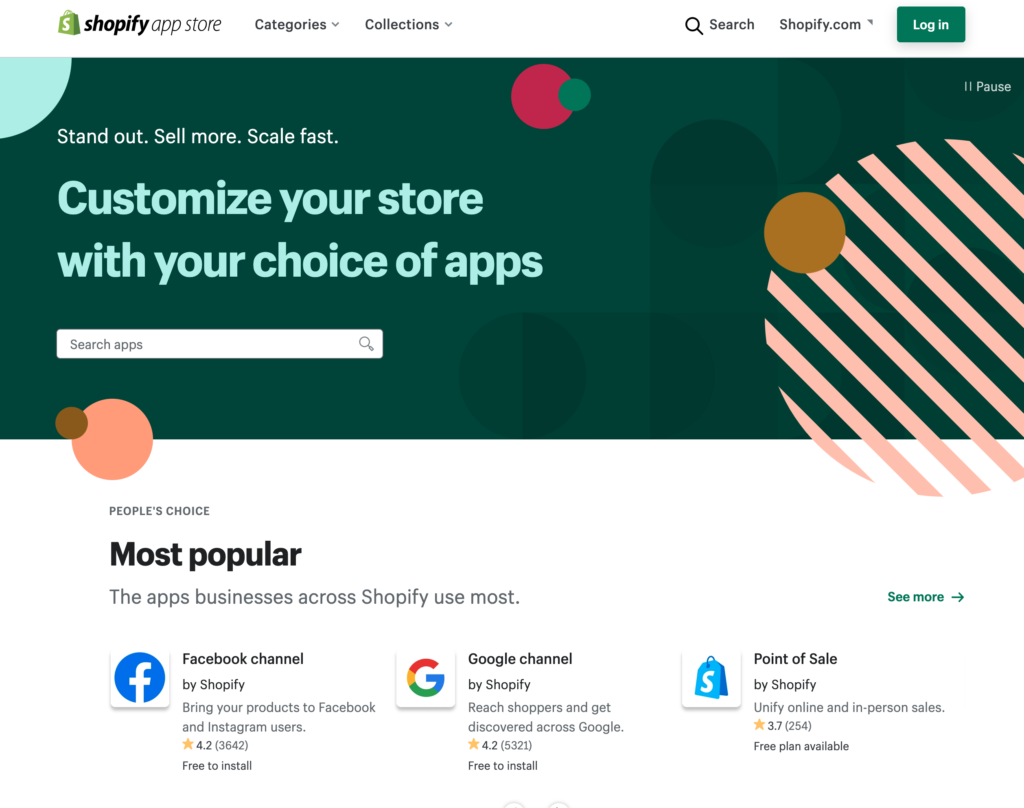 Shopify app store home page