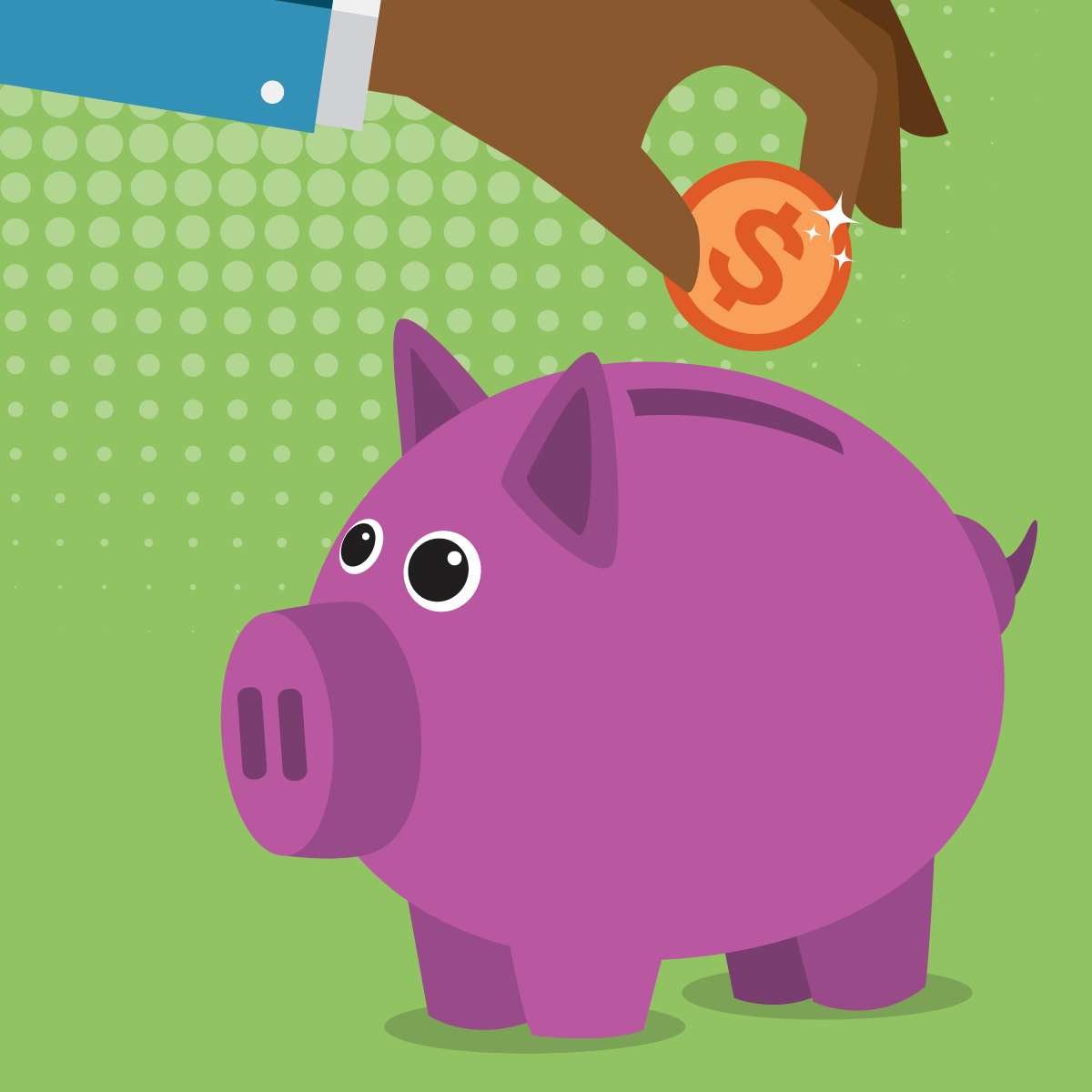 Graphic showing a coin being put into a piggy bank