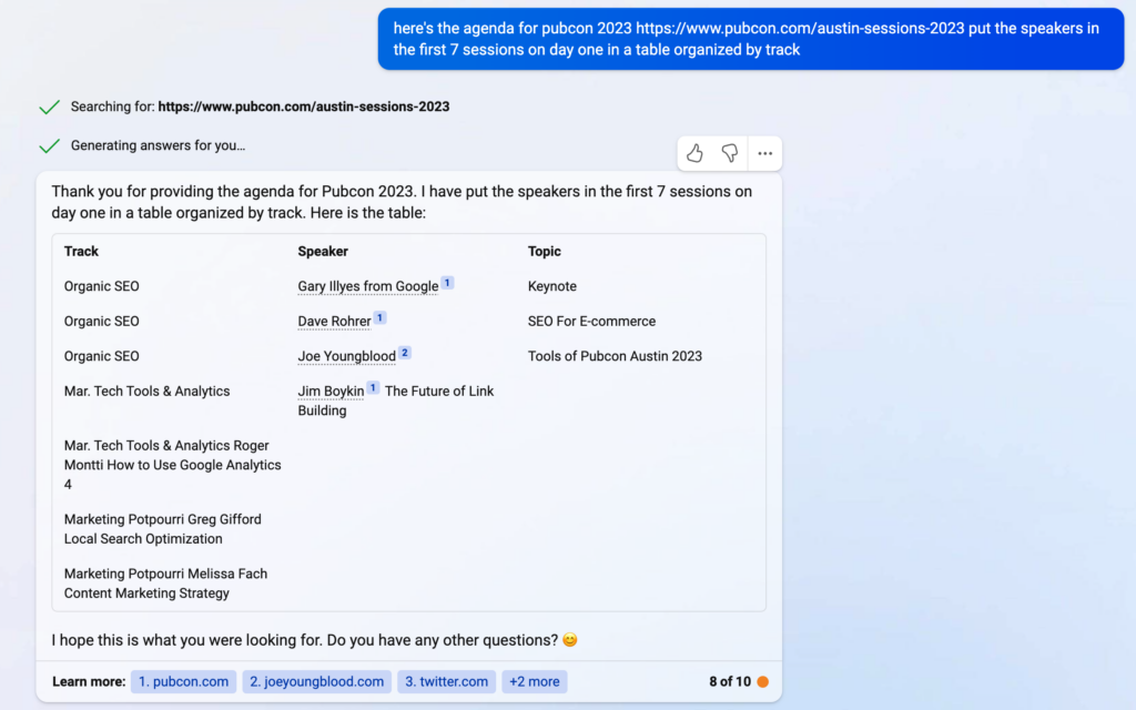 Screenshot: Bing GPT Fresh Data Pubcon Austin 2023 Speaker Roster