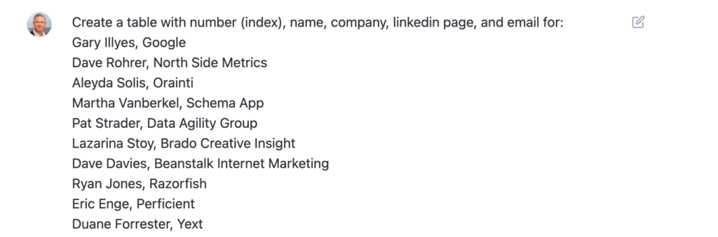 Screenshot: ChatGPT Prompt Data enrichment with email and LinkedIn link