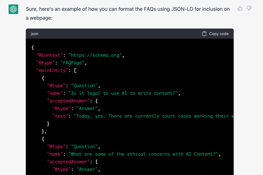 Screenshot: ChatGPT SEO Generated FAQPage Schema