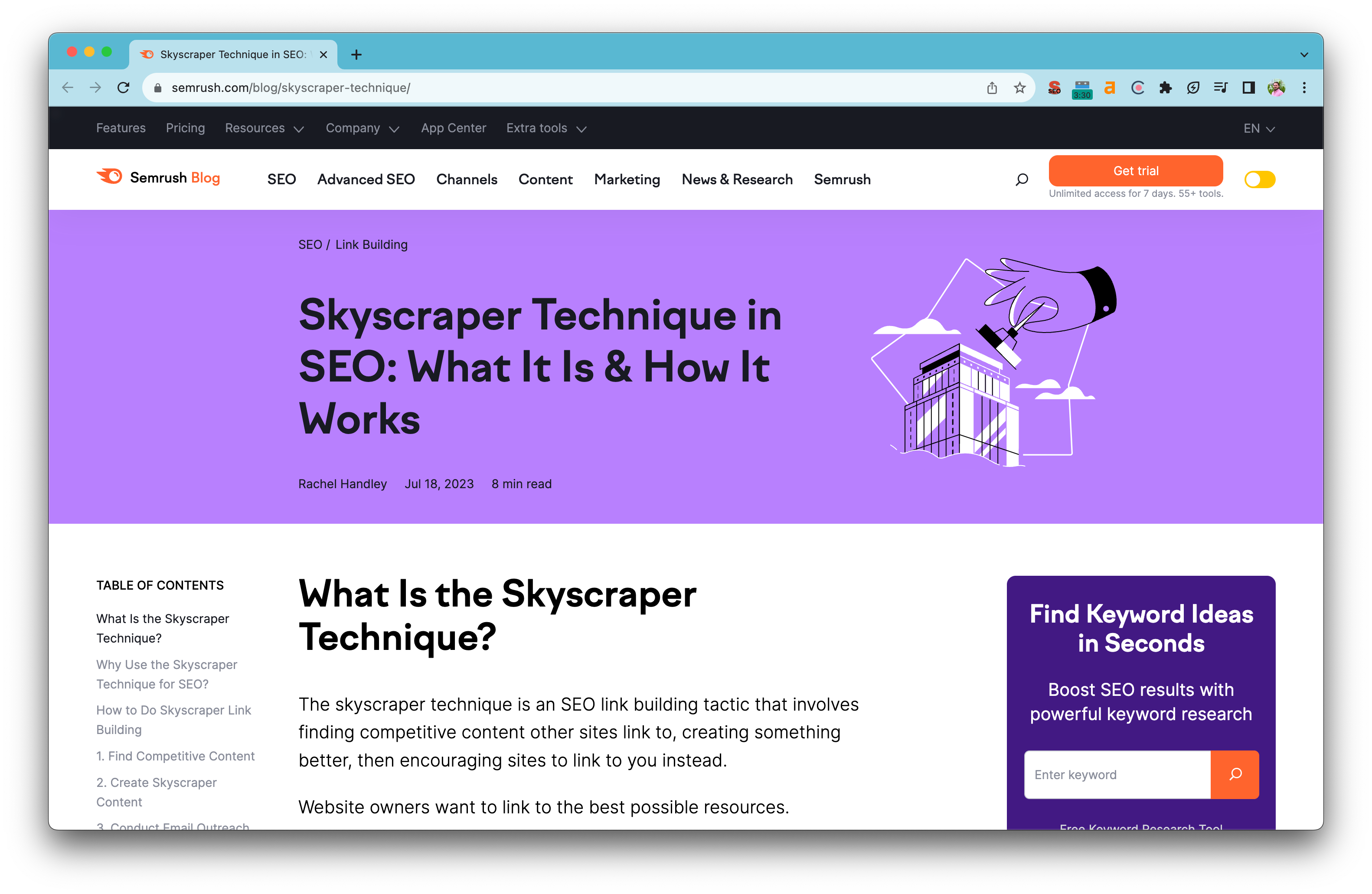 Screenshot of article: Semrush: What Is the Skyscraper Technique?