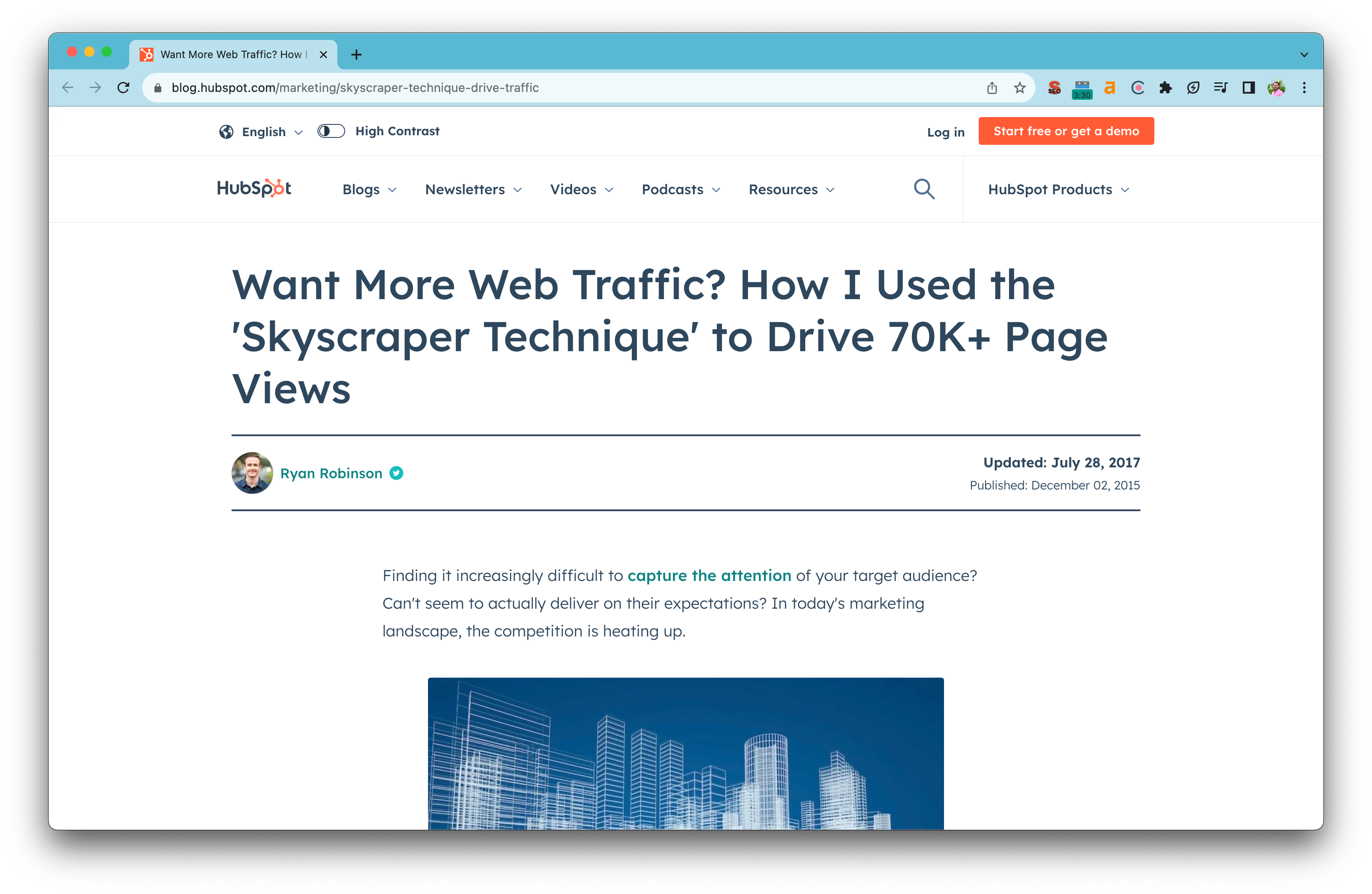 Screenshot of article: HubSpot: How to Use the Skyscraper Technique to Drive Traffic