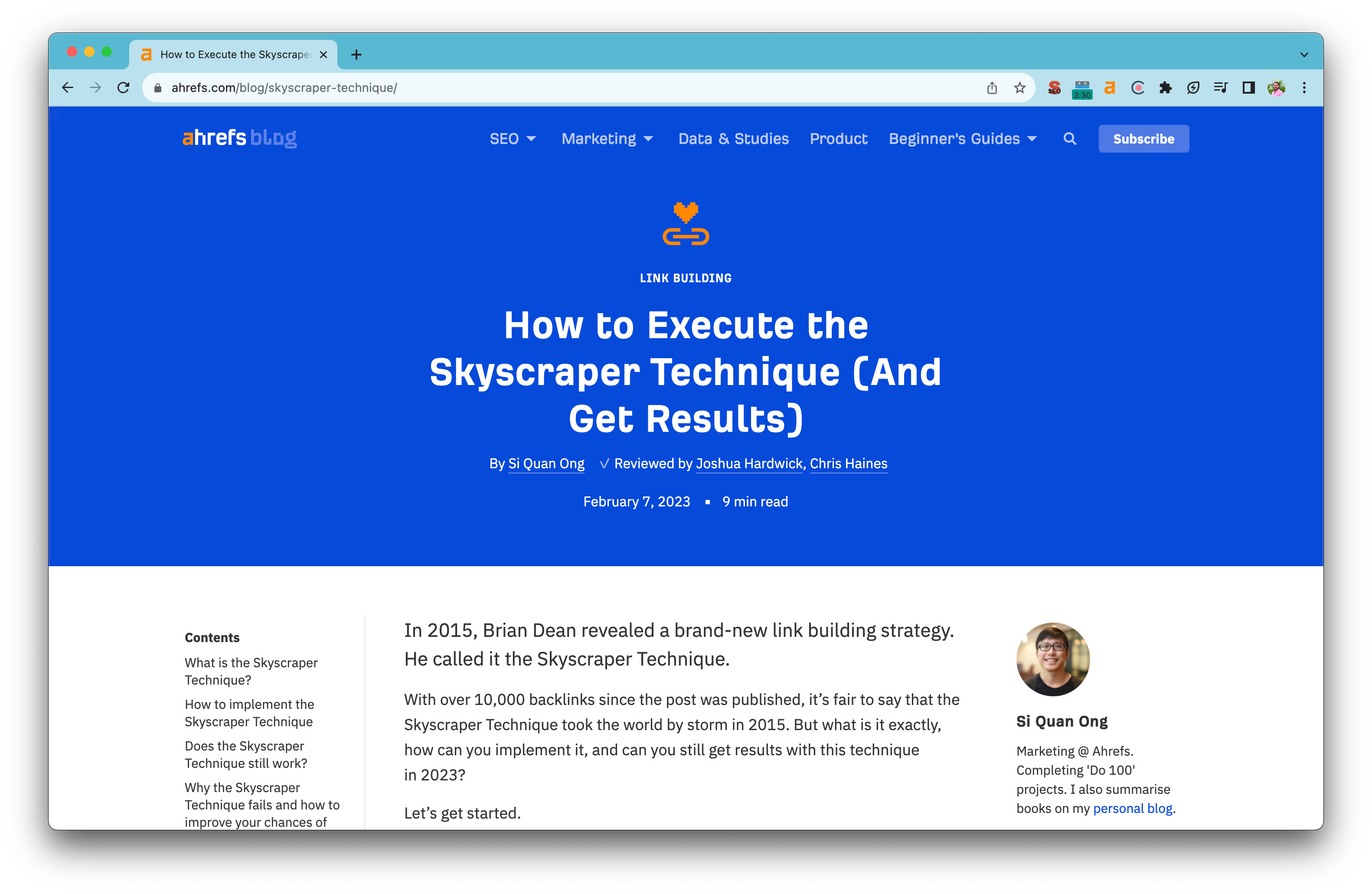 Screenshot of article: Ahrefs: The Skyscraper Technique: How to Build High-Quality Backlinks to Your Content