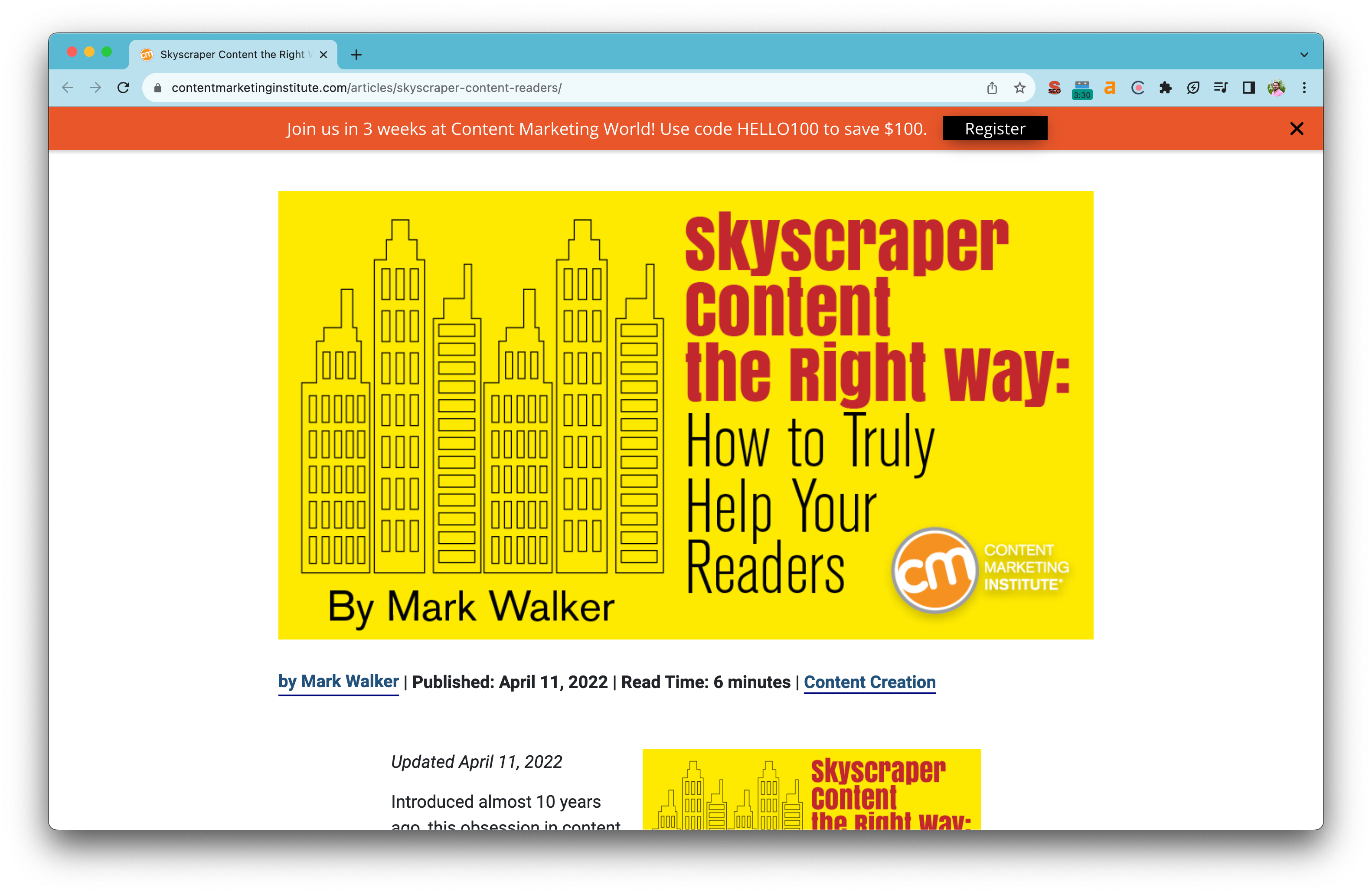 Screenshot of article: Content Marketing Institute: Skyscraper Content the Right Way: How to Truly Help Your Readers