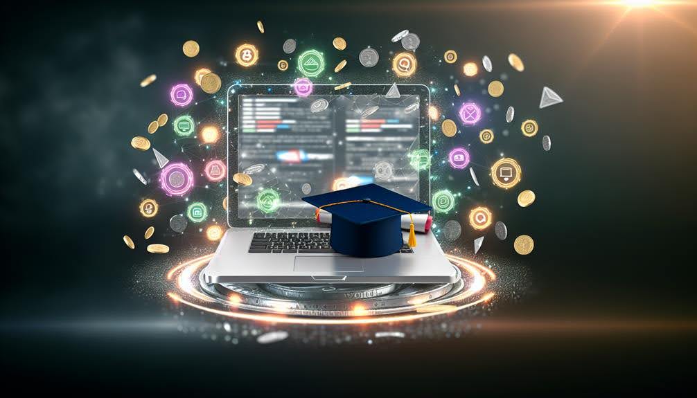 Image of a laptop with a graduation cap (mortarboard) surrounded by a swarm of logos to indicate the importance of digital advertising channels for higher ed.