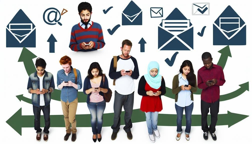 Image of diverse group of students at university with mobile devices and email icons.