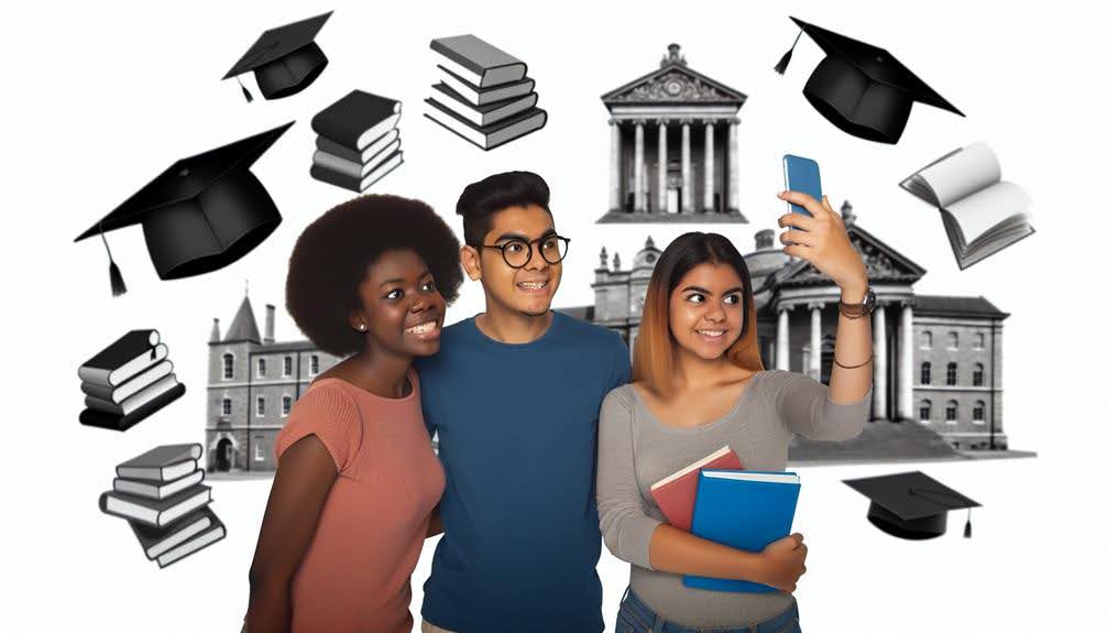 Group of young people taking a selfie in front of an institution of higher learning with books and graduation caps floating in the background.