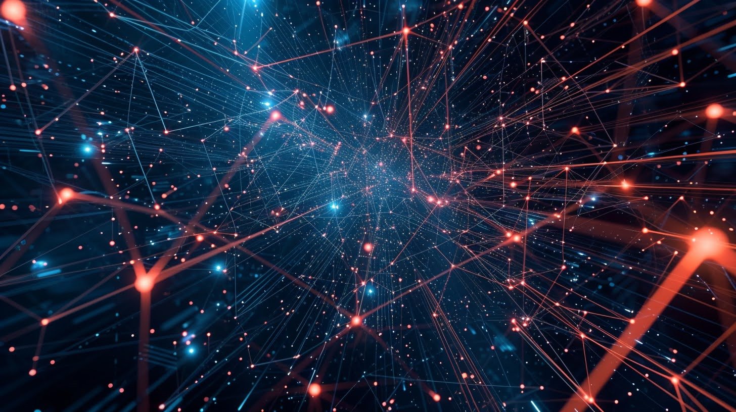 Image of an interconnected web of laser-like lights intended to represent the importance of links in higher education SEO.