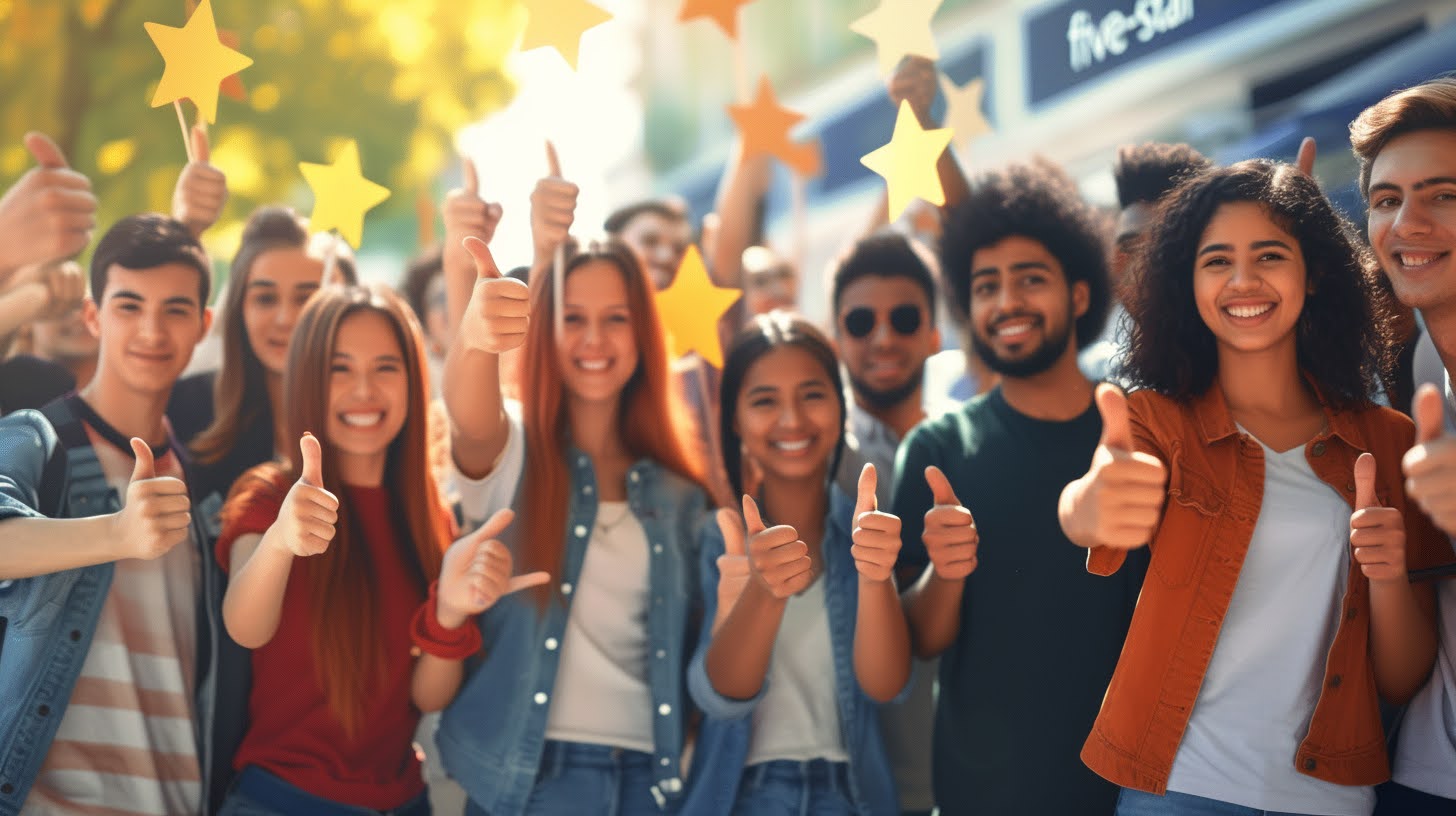 diverse group of people smiling and showing thumbs up gestures and visible five-star review symbolizing positive feedback